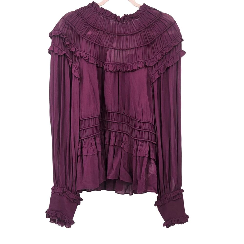 Farm Rio Chiffon Ruffled Blouse in Bordeaux Sz Large Eggplant Purple Peplum NEW - Picture 4 of 15